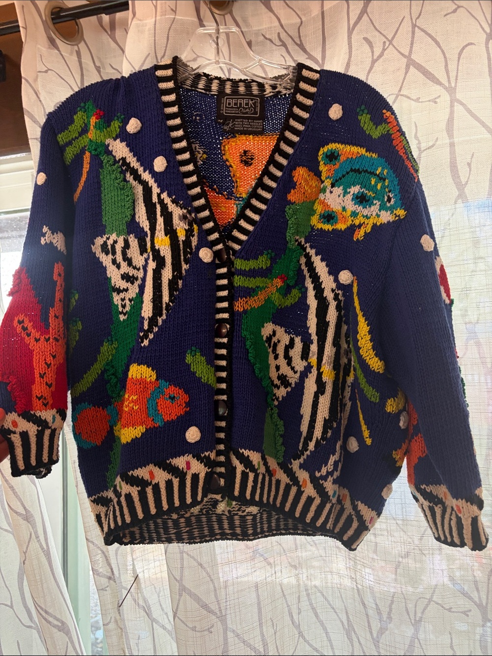 Vintage 1992 Berek Navy Multicolor Nautical Fish Knit Cardigan